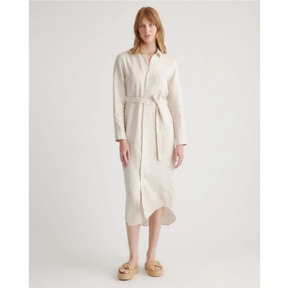 Quince European Linen Long Sleeve Maxi Shirt Dress sz S Small Sand-Beige Belted